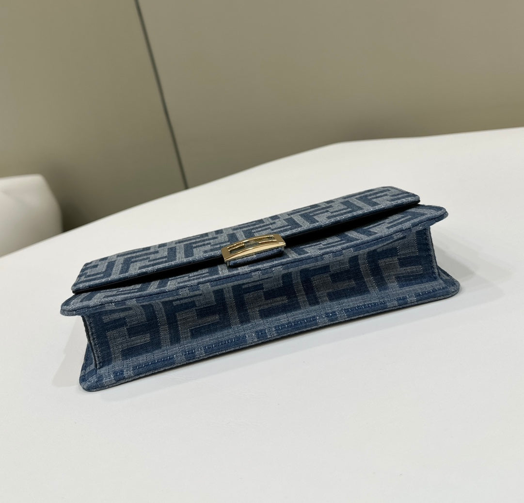 FENDI BAGUETTE MINI 21 BAG IN CERULEAN BLUE MONOGRAM DENIM WITH GOLD HARDWARE