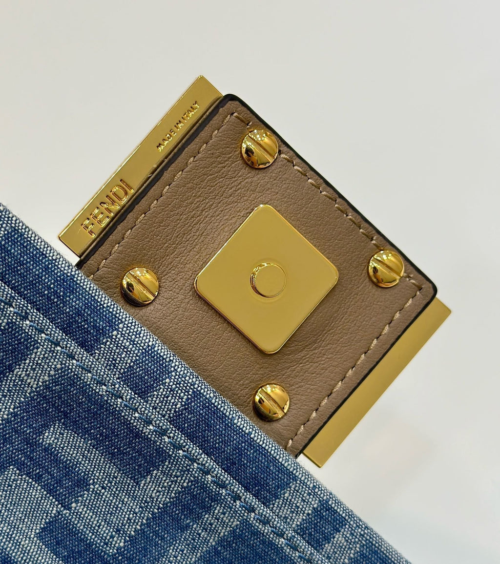 FENDI BAGUETTE MINI 19 BAG IN CERULEAN BLUE MONOGRAM DENIM WITH GOLD HARDWARE