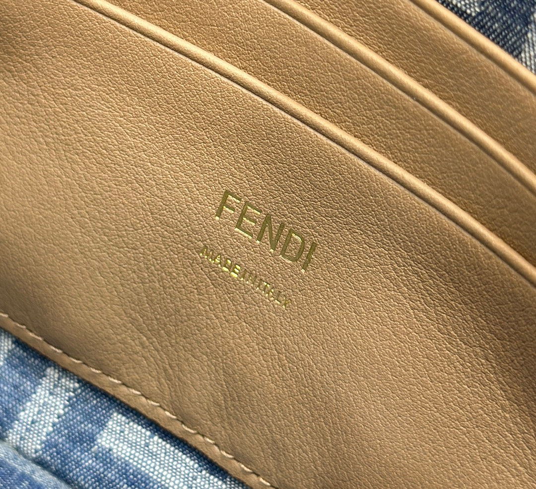 FENDI BAGUETTE MINI 19 BAG IN CERULEAN BLUE MONOGRAM DENIM WITH GOLD HARDWARE