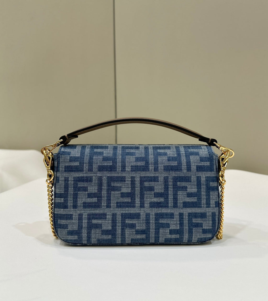 FENDI BAGUETTE MINI 19 BAG IN CERULEAN BLUE MONOGRAM DENIM WITH GOLD HARDWARE