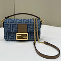FENDI BAGUETTE MINI 19 BAG IN CERULEAN BLUE MONOGRAM DENIM WITH GOLD HARDWARE