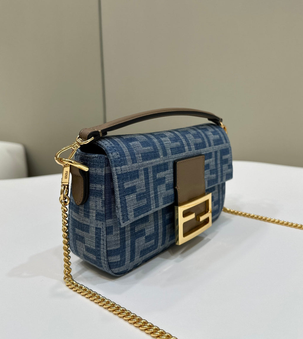 FENDI BAGUETTE MINI 19 BAG IN CERULEAN BLUE MONOGRAM DENIM WITH GOLD HARDWARE