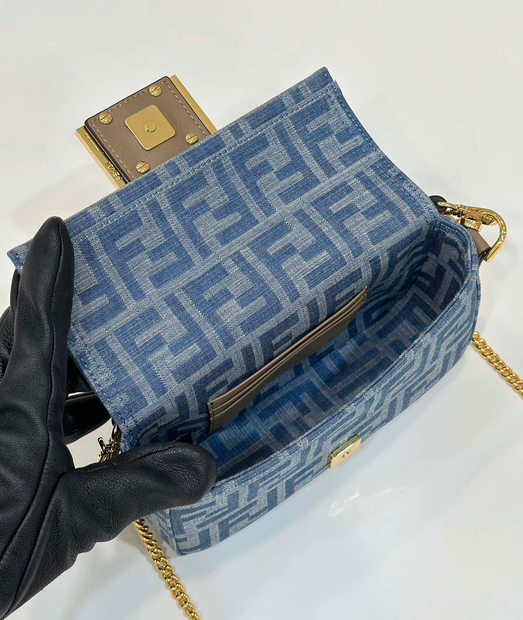 FENDI BAGUETTE MINI 19 BAG IN CERULEAN BLUE MONOGRAM DENIM WITH GOLD HARDWARE