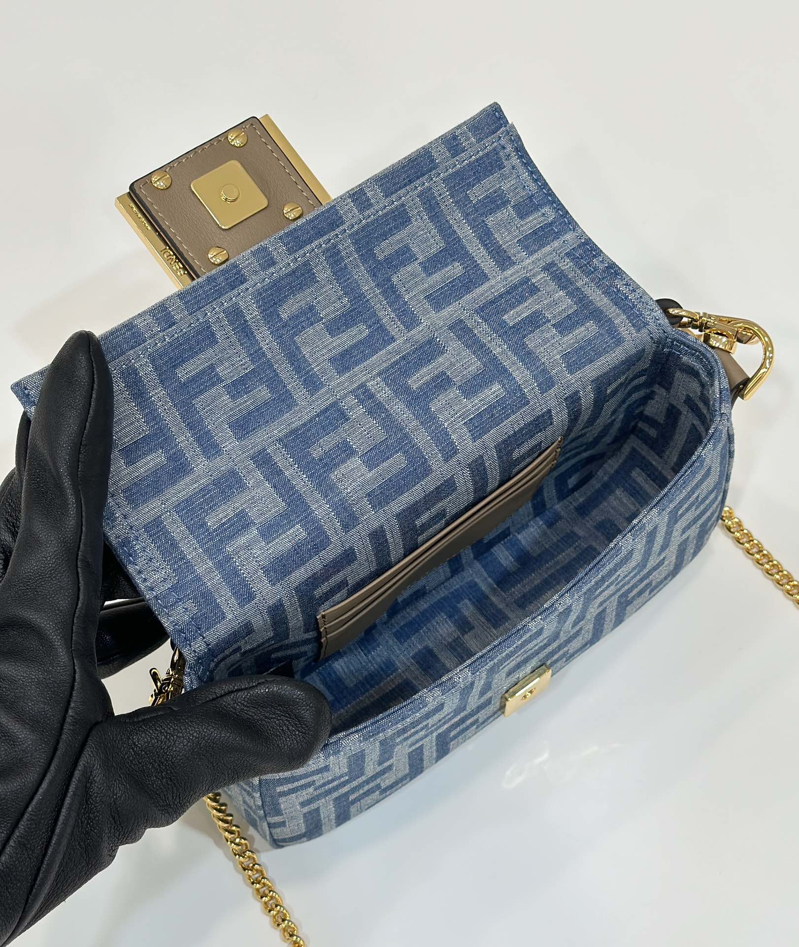 FENDI BAGUETTE MINI 19 BAG IN CERULEAN BLUE MONOGRAM DENIM WITH GOLD HARDWARE