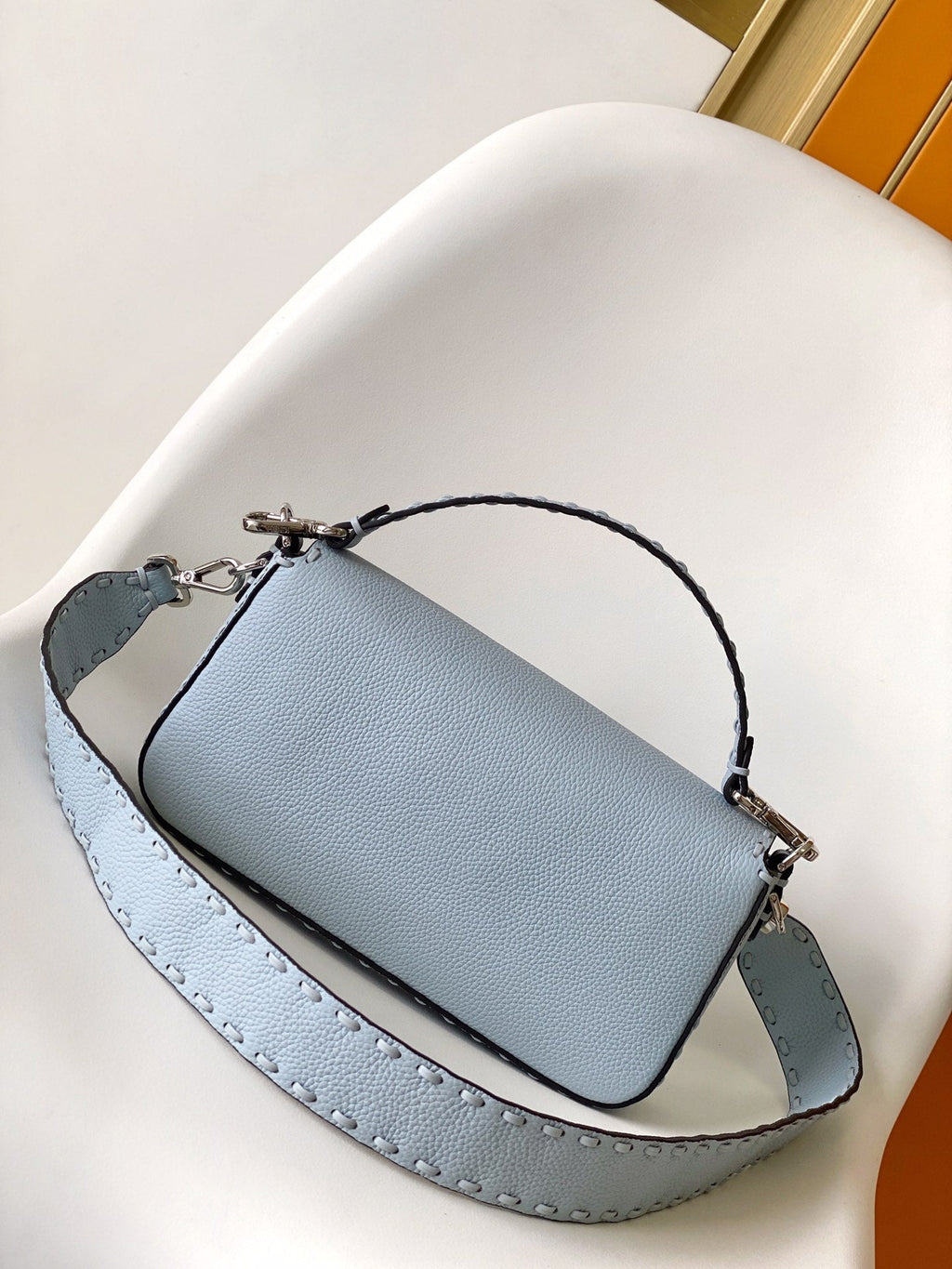 FENDI Fend Baguette 27 Bag Baby Blue Calfskin Shw