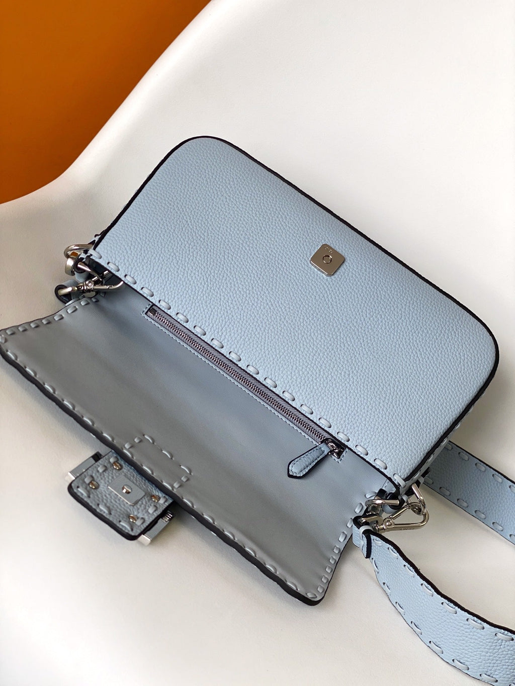 FENDI Fend Baguette 27 Bag Baby Blue Calfskin Shw