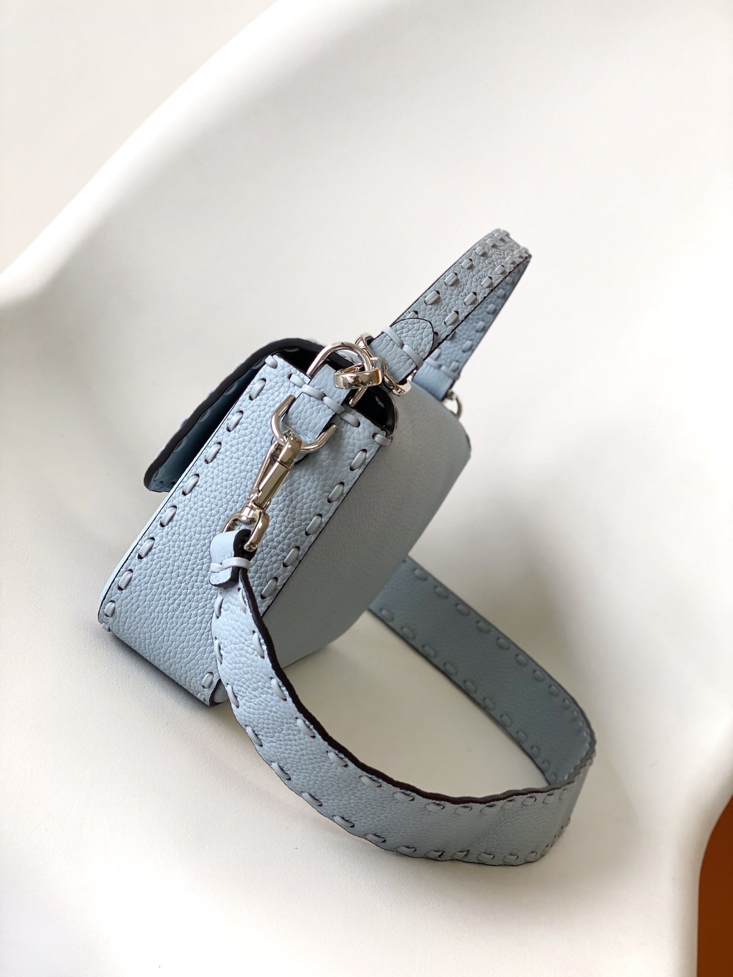 FENDI Fend Baguette 27 Bag Baby Blue Calfskin Shw