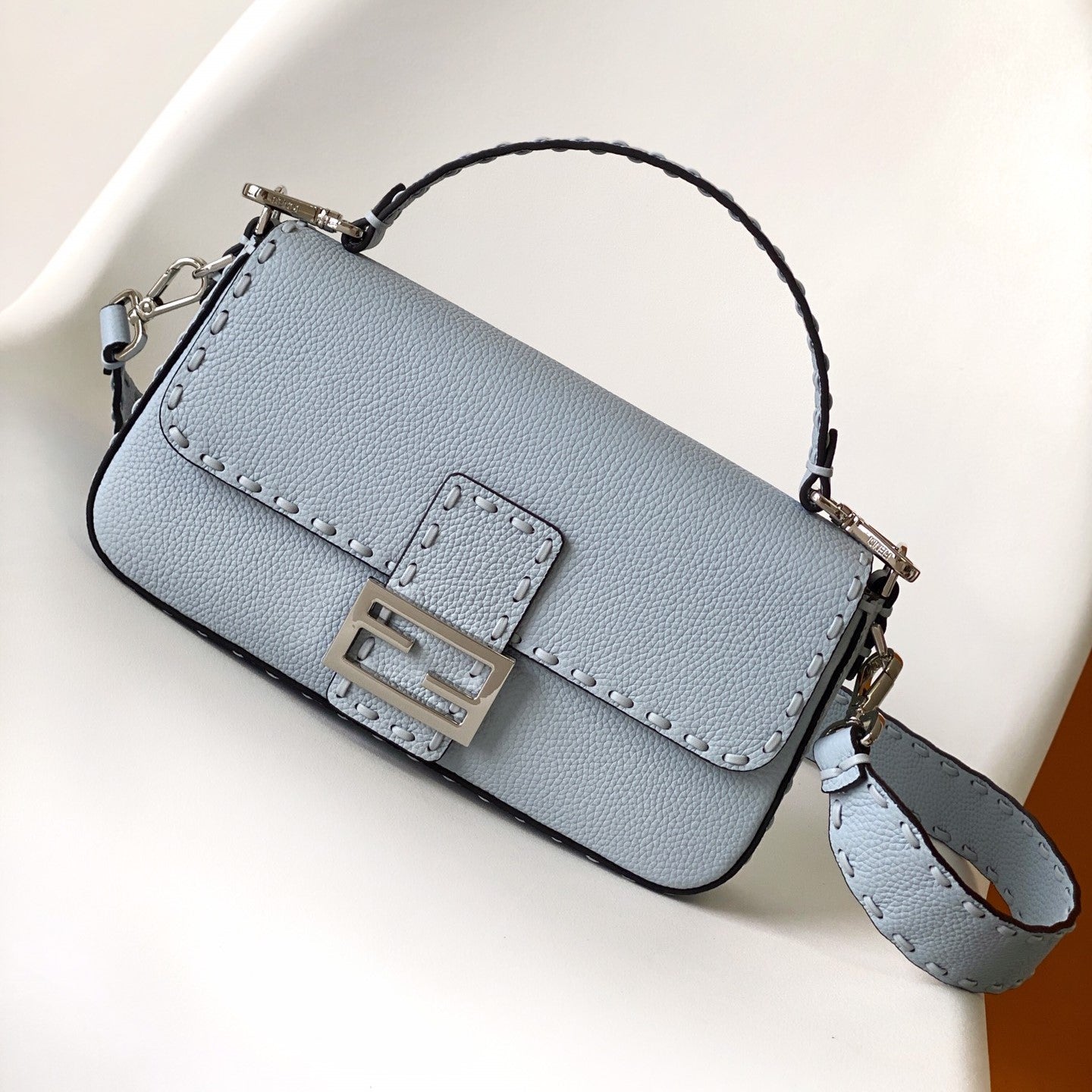 FENDI Fend Baguette 27 Bag Baby Blue Calfskin Shw