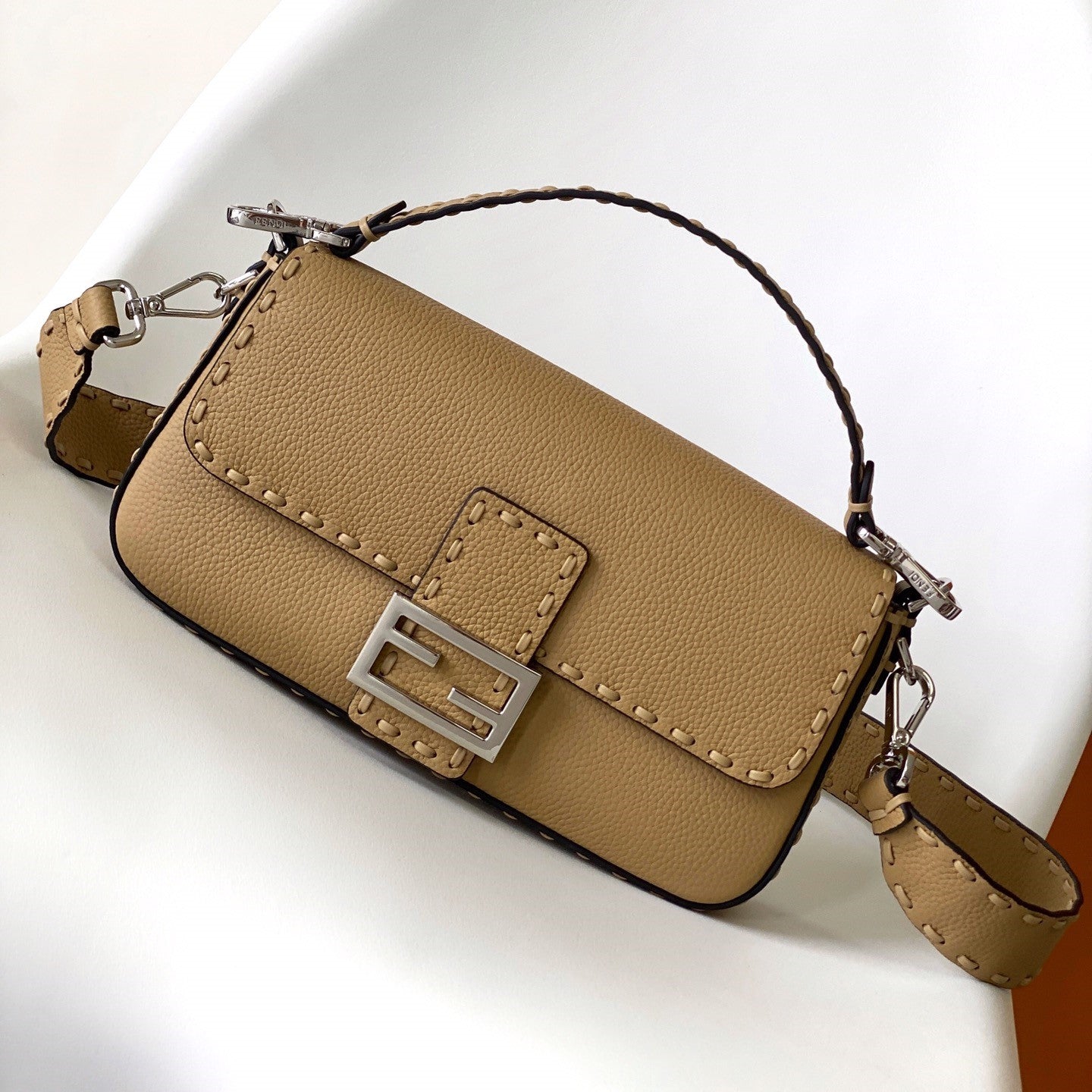 FENDI Fend Baguette 27 Bag Light Brown Calfskin Shw