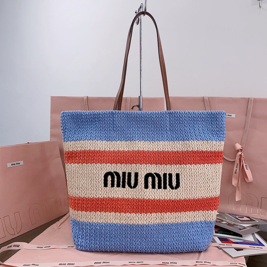 MIU MIU TOTE BAG 40 IN STRIPED PATTERN OF LIGHT BLUE ORANGE AND CREAM WHITE WOVEN RAFFIA