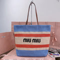 MIU MIU TOTE BAG 40 IN STRIPED PATTERN OF LIGHT BLUE ORANGE AND CREAM WHITE WOVEN RAFFIA