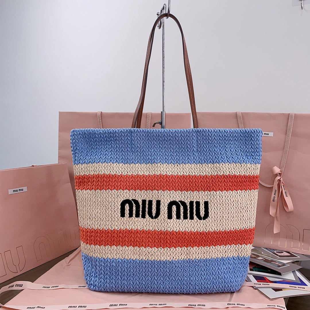 MIU MIU TOTE BAG 40 IN STRIPED PATTERN OF LIGHT BLUE ORANGE AND CREAM WHITE WOVEN RAFFIA