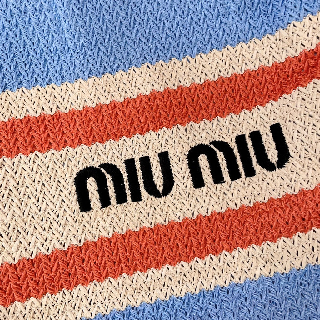 MIU MIU TOTE BAG 40 IN STRIPED PATTERN OF LIGHT BLUE ORANGE AND CREAM WHITE WOVEN RAFFIA