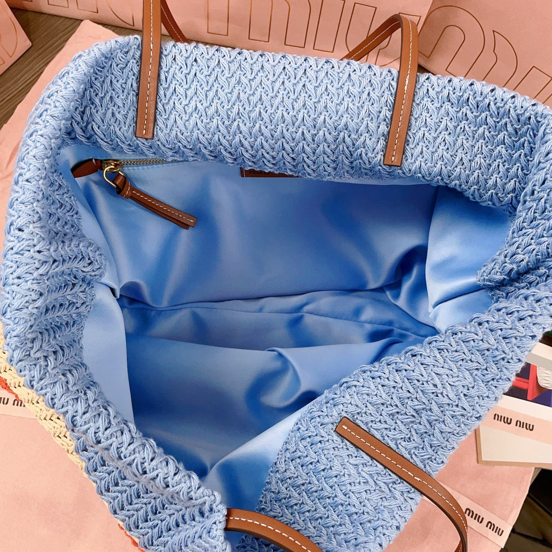 MIU MIU TOTE BAG 40 IN STRIPED PATTERN OF LIGHT BLUE ORANGE AND CREAM WHITE WOVEN RAFFIA