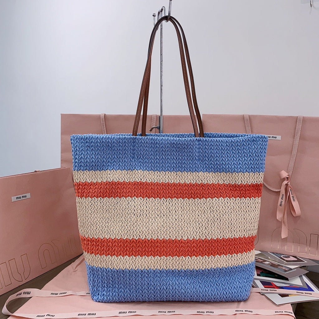 MIU MIU TOTE BAG 40 IN STRIPED PATTERN OF LIGHT BLUE ORANGE AND CREAM WHITE WOVEN RAFFIA