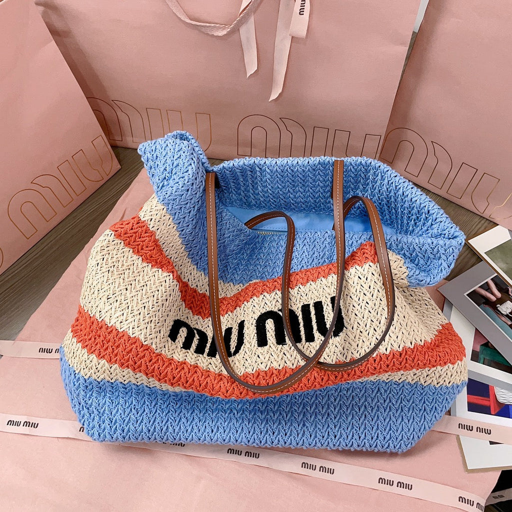 MIU MIU TOTE BAG 40 IN STRIPED PATTERN OF LIGHT BLUE ORANGE AND CREAM WHITE WOVEN RAFFIA
