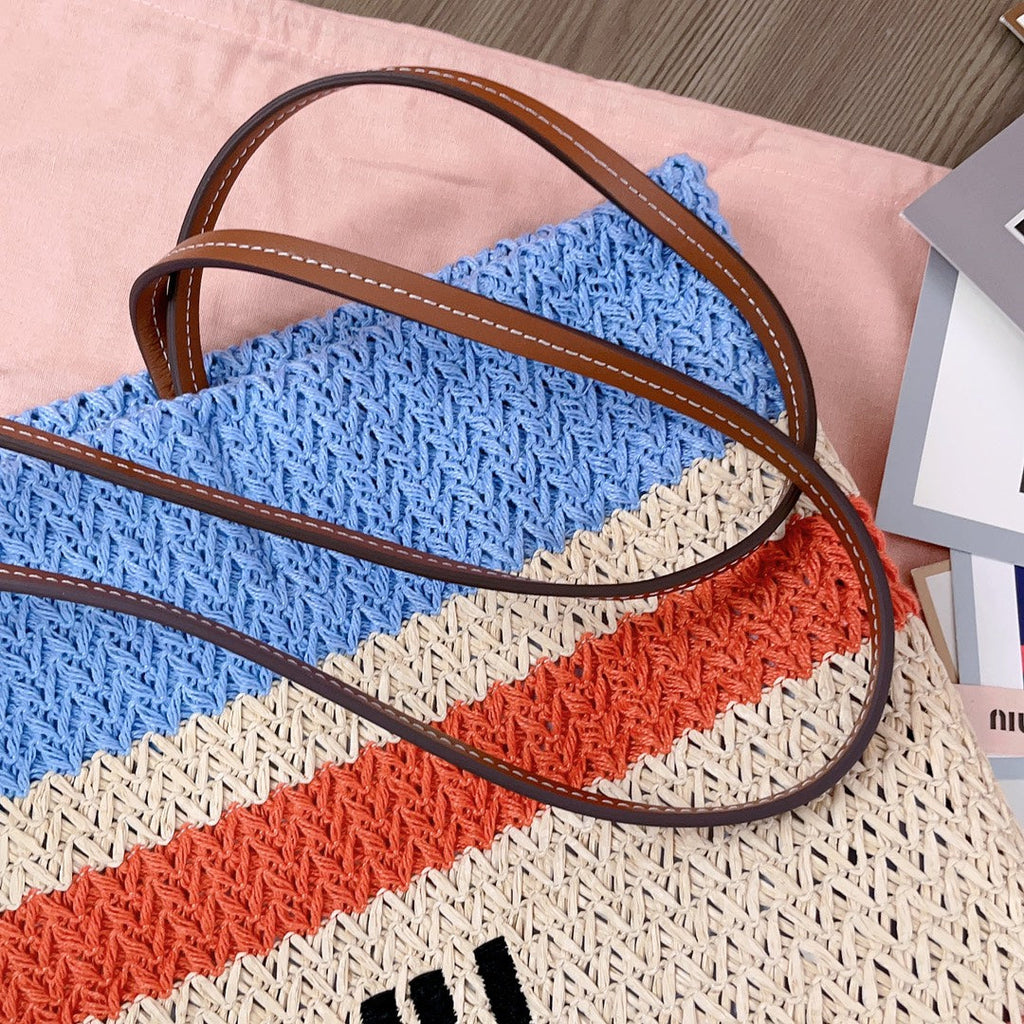 MIU MIU TOTE BAG 40 IN STRIPED PATTERN OF LIGHT BLUE ORANGE AND CREAM WHITE WOVEN RAFFIA