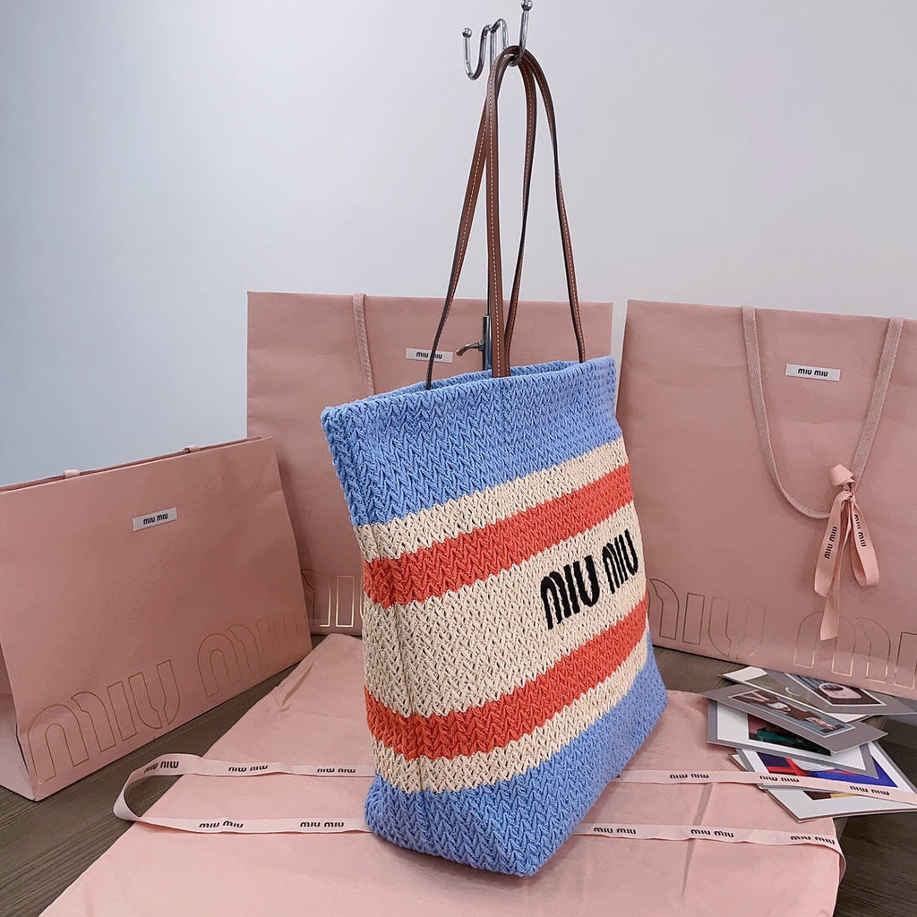 MIU MIU TOTE BAG 40 IN STRIPED PATTERN OF LIGHT BLUE ORANGE AND CREAM WHITE WOVEN RAFFIA