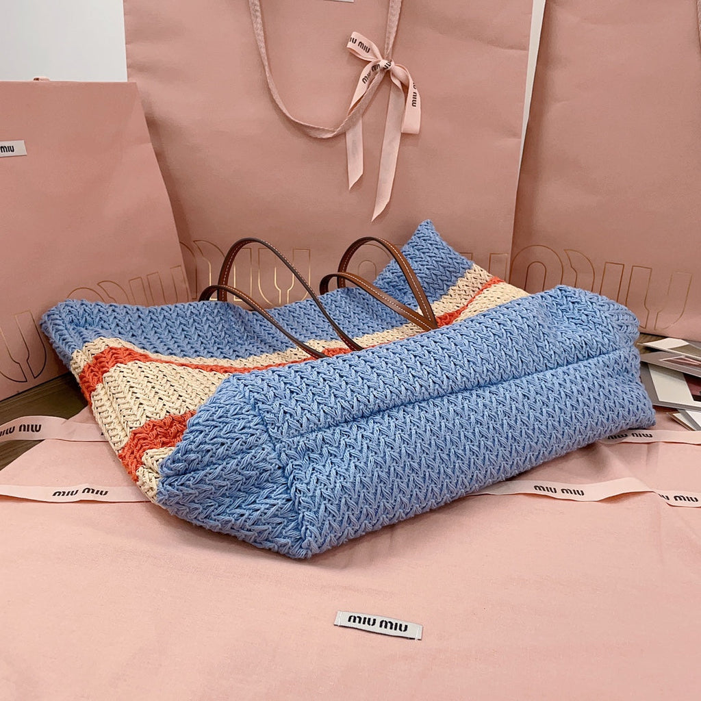 MIU MIU TOTE BAG 40 IN STRIPED PATTERN OF LIGHT BLUE ORANGE AND CREAM WHITE WOVEN RAFFIA