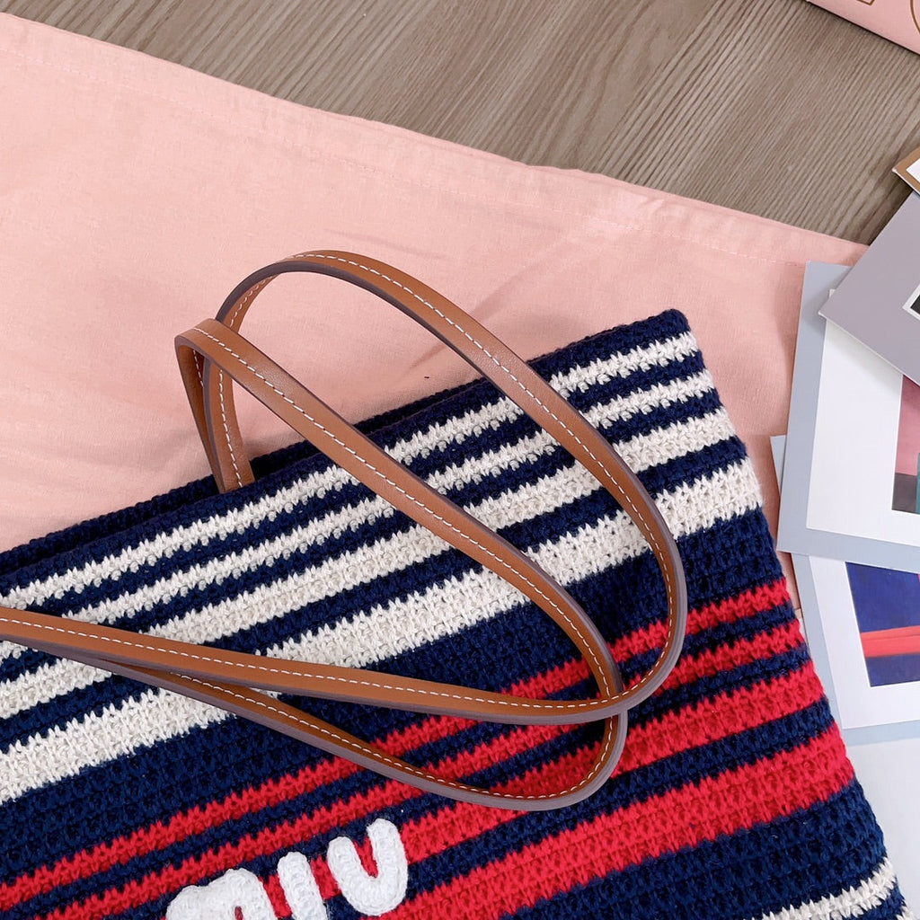 MIU MIU LARGE SHOPPING BAG 40 IN NATURAL MIX BLUE WOVEN RAFFIA LEATHER STRAP