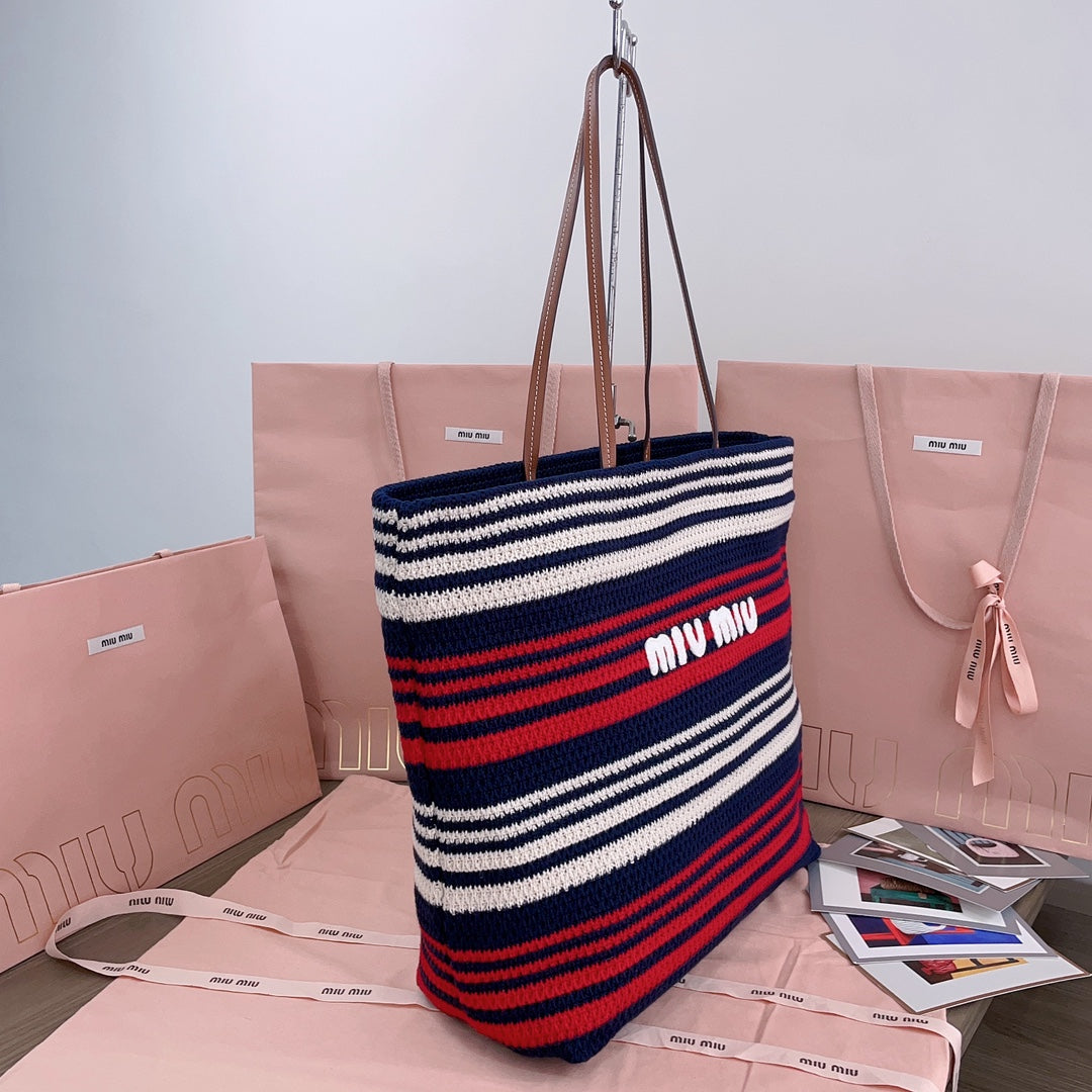 MIU MIU LARGE SHOPPING BAG 40 IN NATURAL MIX BLUE WOVEN RAFFIA LEATHER STRAP