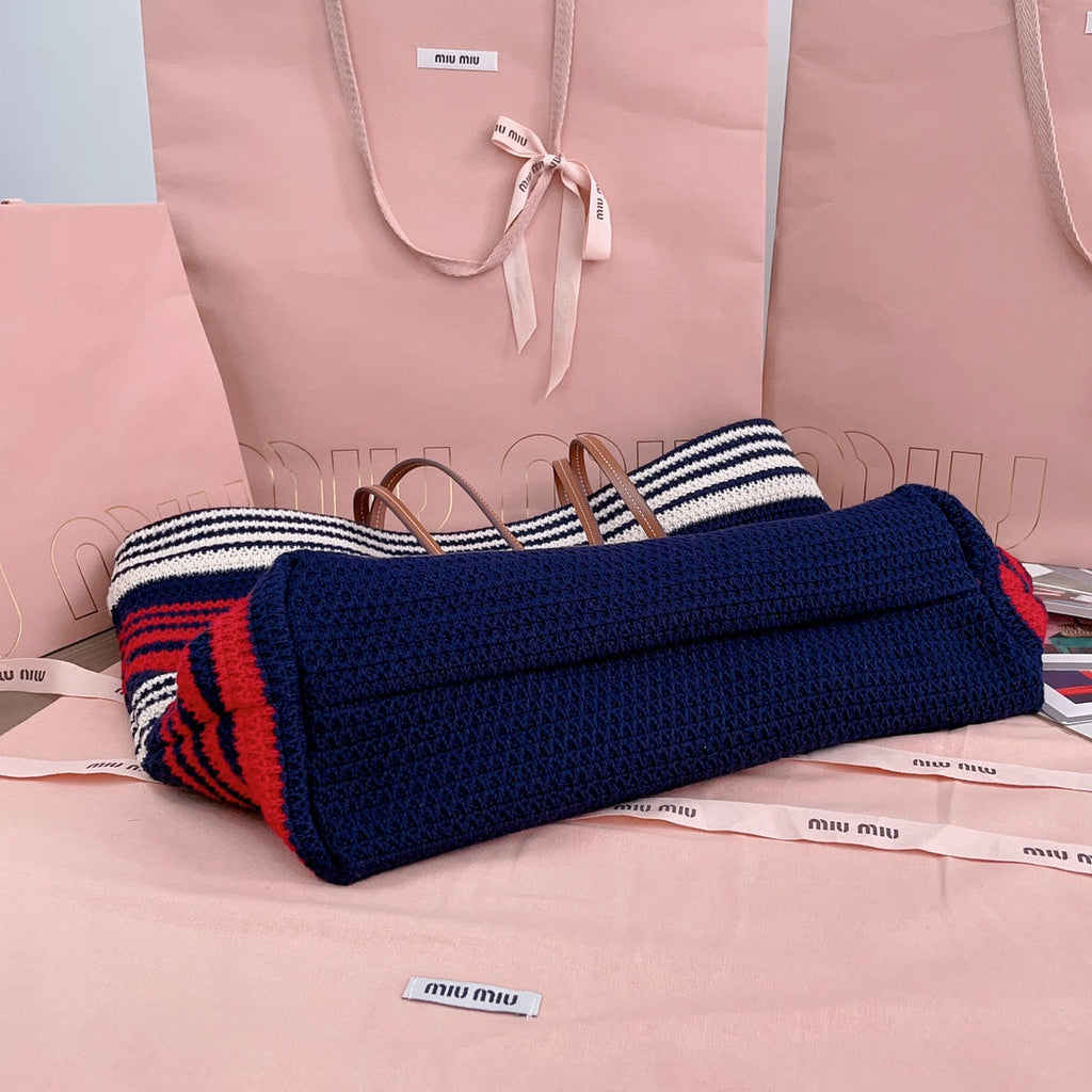 MIU MIU LARGE SHOPPING BAG 40 IN NATURAL MIX BLUE WOVEN RAFFIA LEATHER STRAP