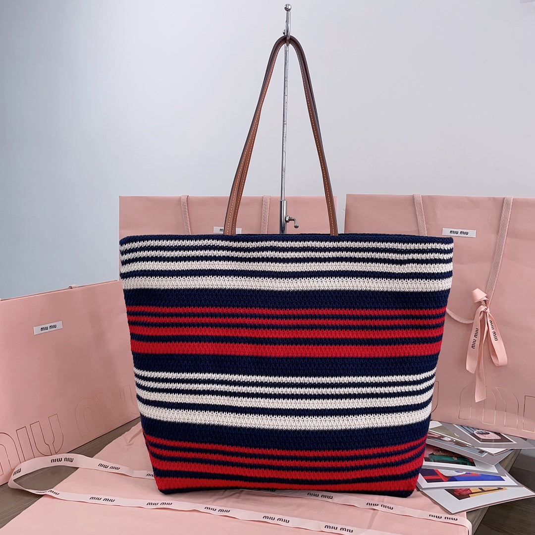MIU MIU LARGE SHOPPING BAG 40 IN NATURAL MIX BLUE WOVEN RAFFIA LEATHER STRAP
