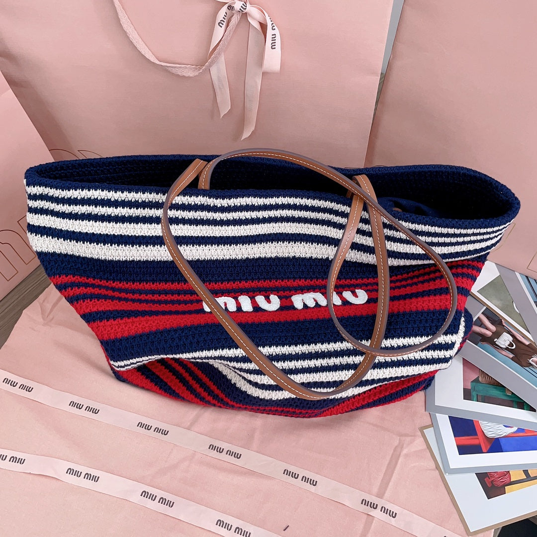 MIU MIU LARGE SHOPPING BAG 40 IN NATURAL MIX BLUE WOVEN RAFFIA LEATHER STRAP