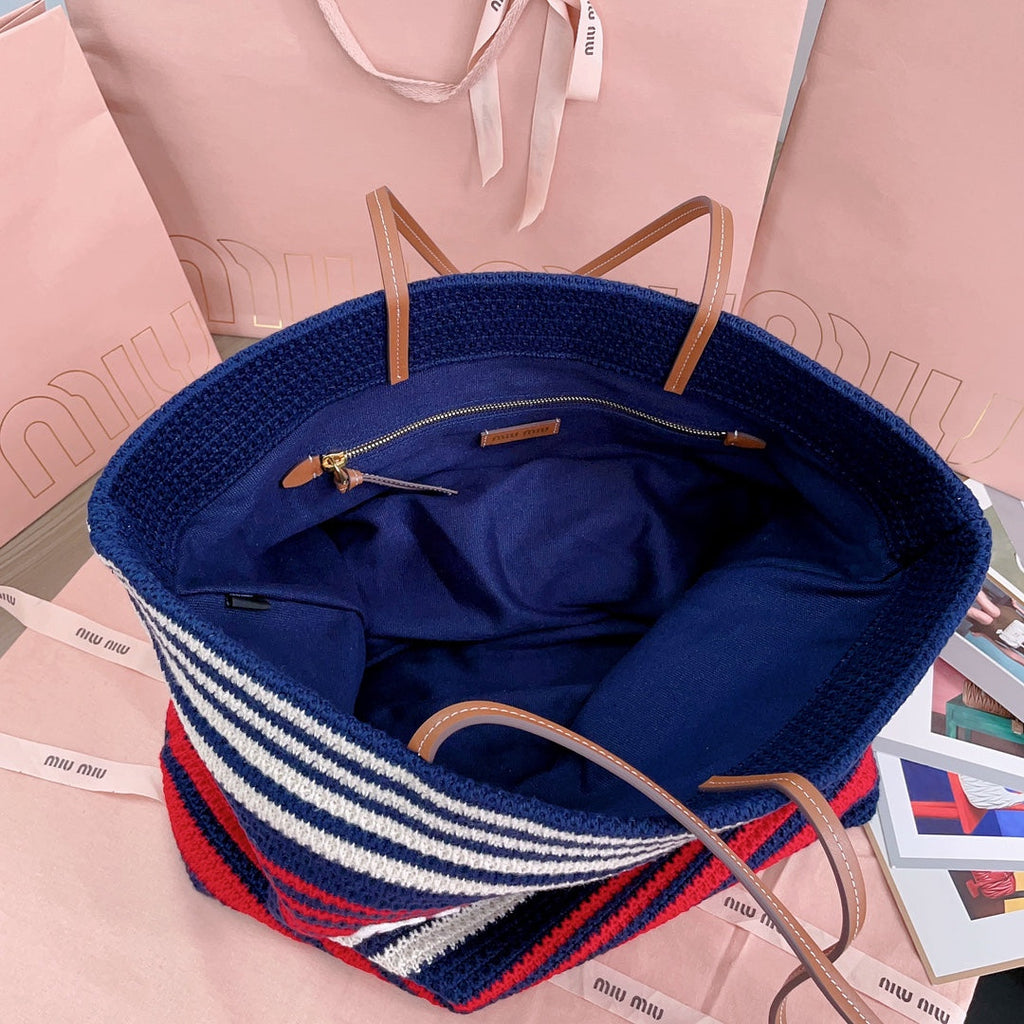 MIU MIU LARGE SHOPPING BAG 40 IN NATURAL MIX BLUE WOVEN RAFFIA LEATHER STRAP