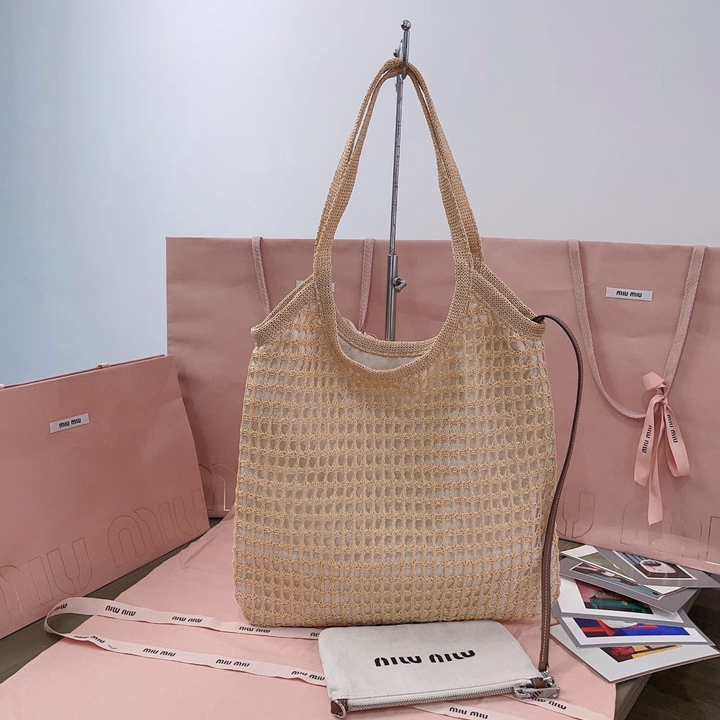 MIU MIU IVY TOTE BAG 40 IN BEIGE MIX WHITE MESH