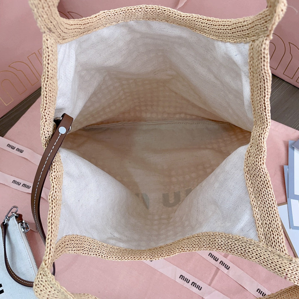 MIU MIU IVY TOTE BAG 40 IN BEIGE MIX WHITE MESH