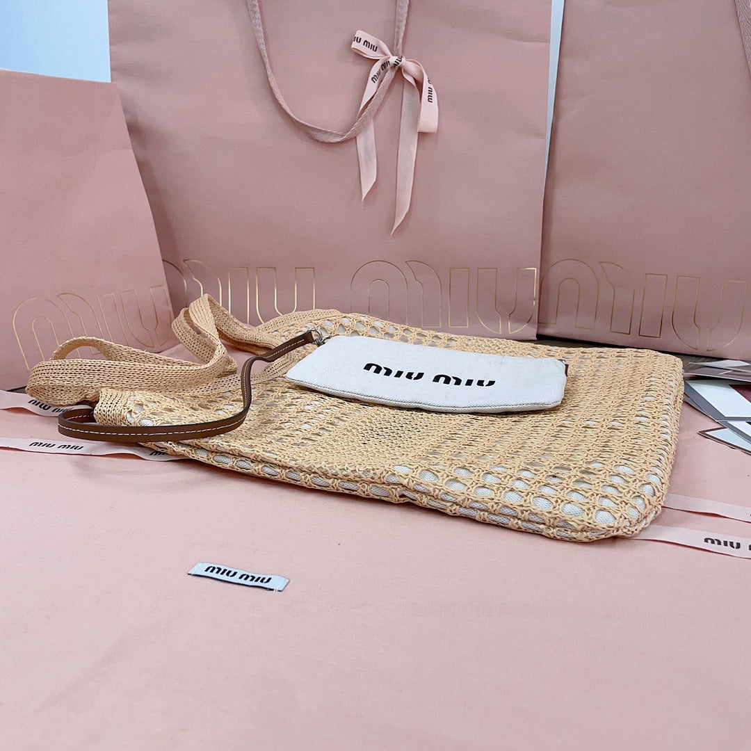 MIU MIU IVY TOTE BAG 40 IN BEIGE MIX WHITE MESH