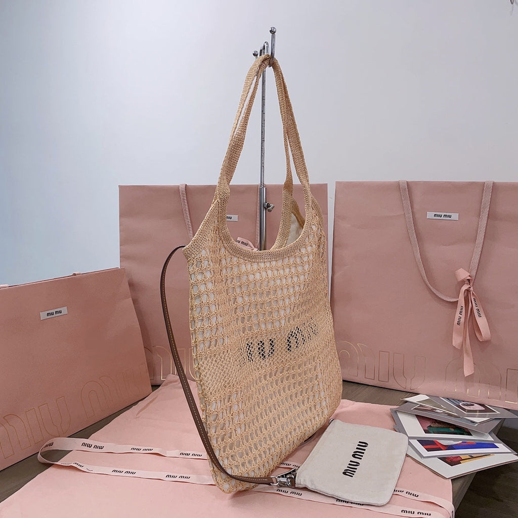 MIU MIU IVY TOTE BAG 40 IN BEIGE MIX WHITE MESH