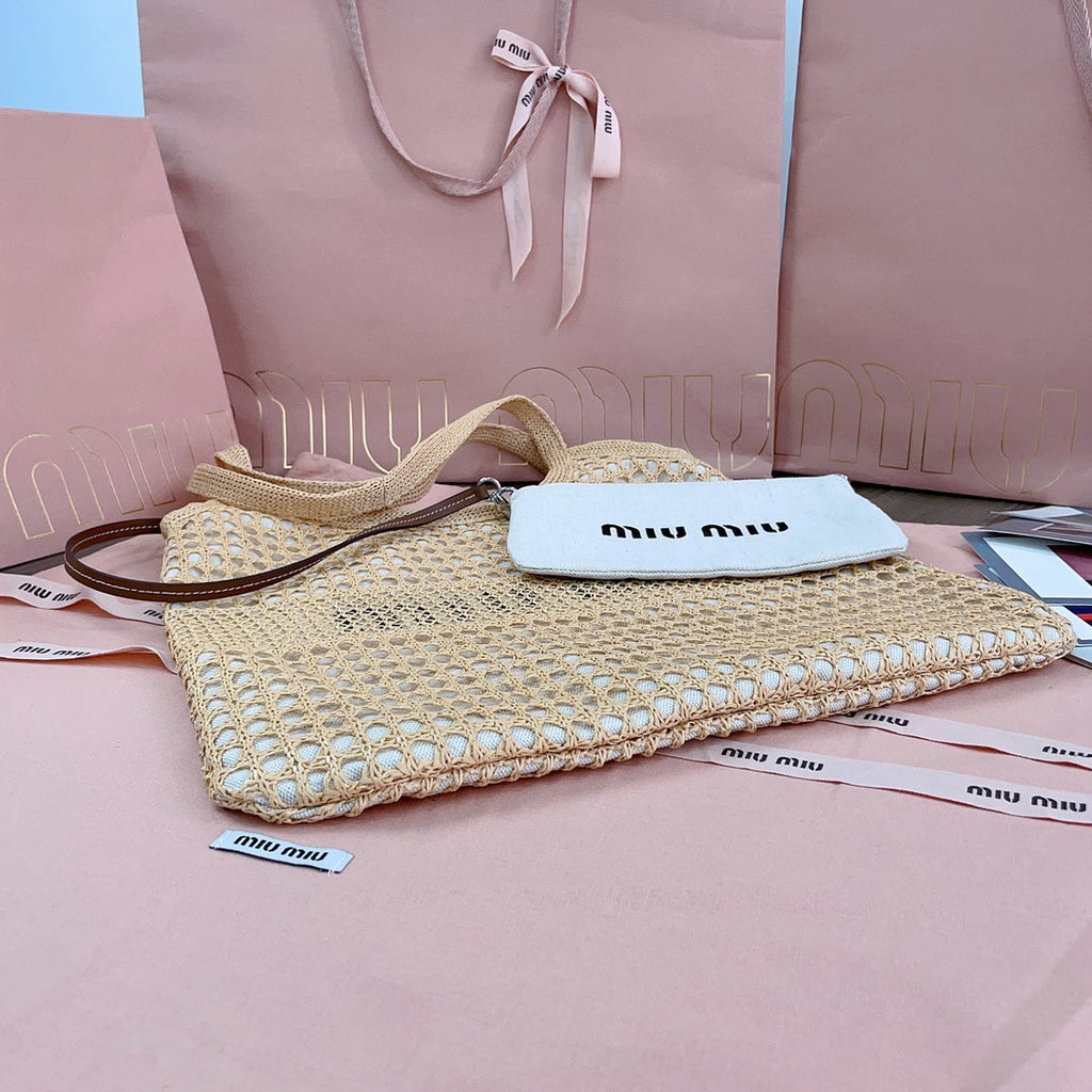 MIU MIU IVY TOTE BAG 40 IN BEIGE MIX WHITE MESH