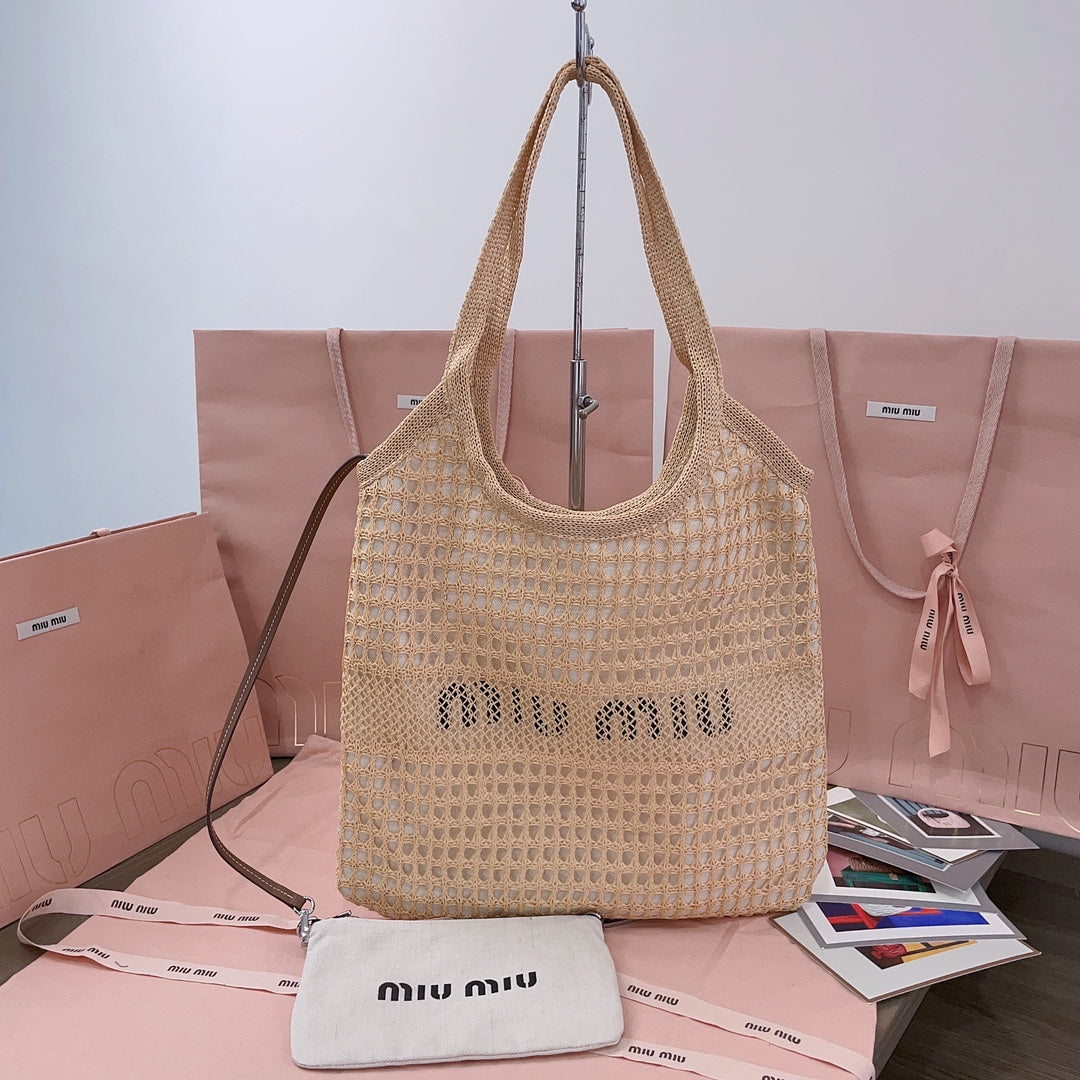 MIU MIU IVY TOTE BAG 40 IN BEIGE MIX WHITE MESH