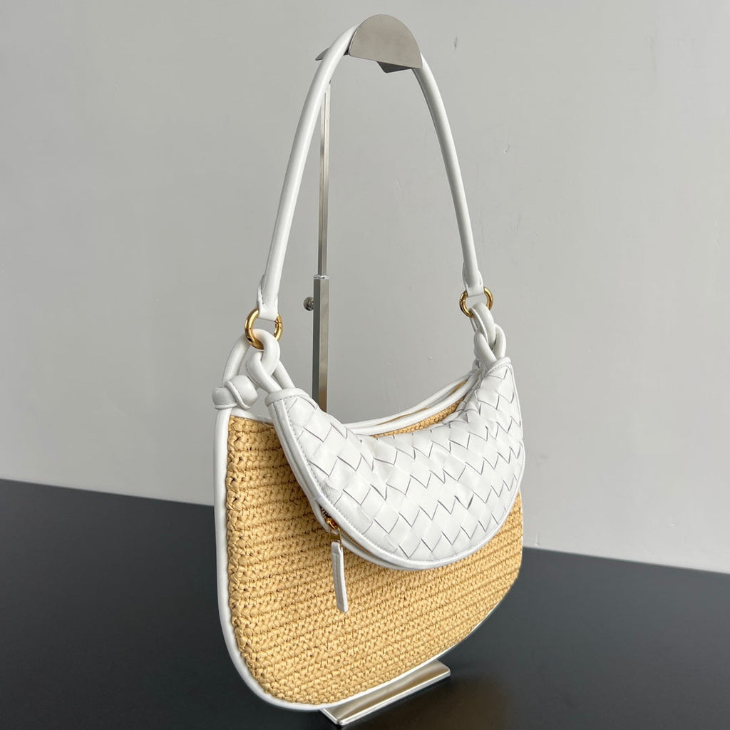 BOTTEGA VENETA GEMELLI SHOULDER BAG 36 IN BEIGE RAFFIA AND WHITE LAMBSKIN