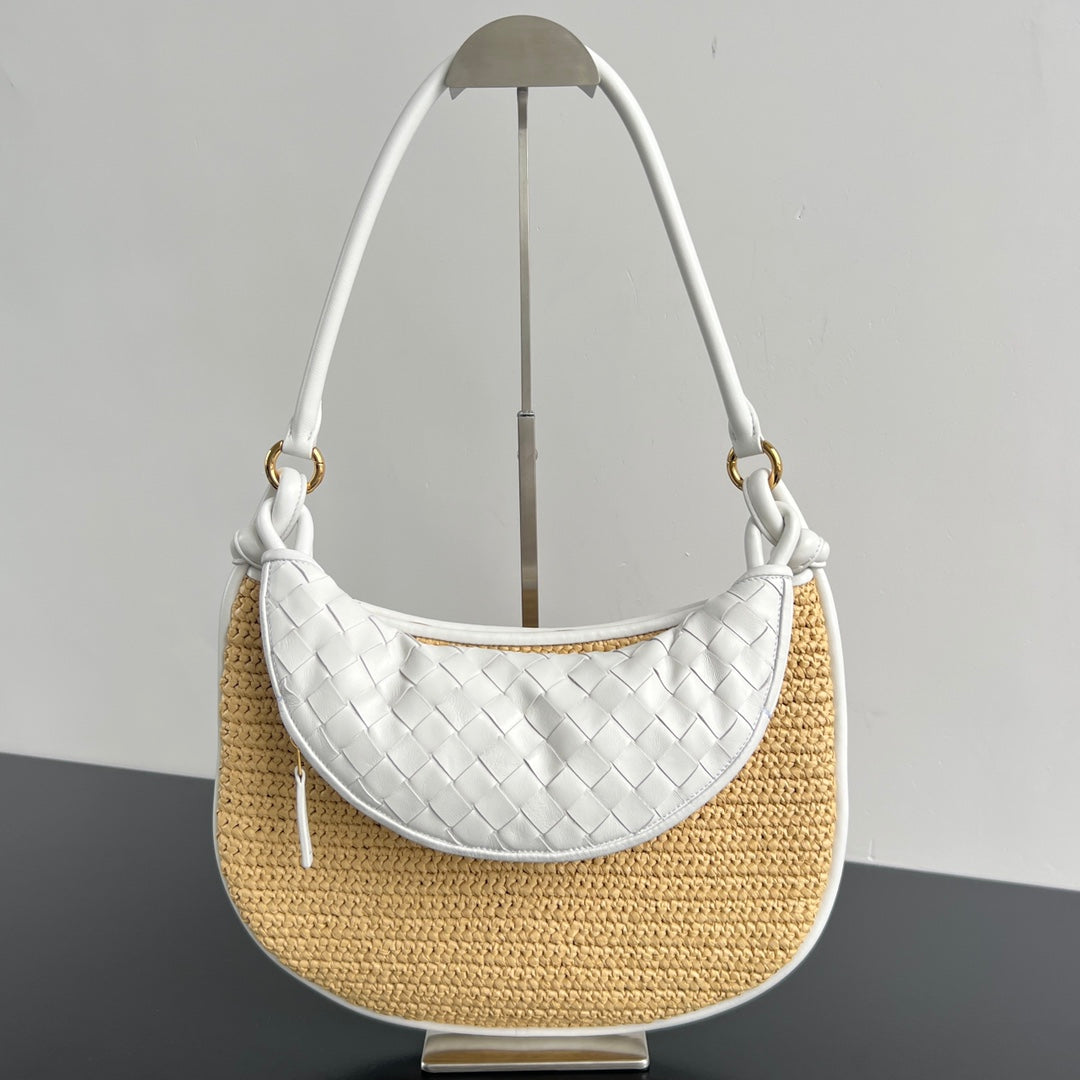 BOTTEGA VENETA GEMELLI SHOULDER BAG 36 IN BEIGE RAFFIA AND WHITE LAMBSKIN