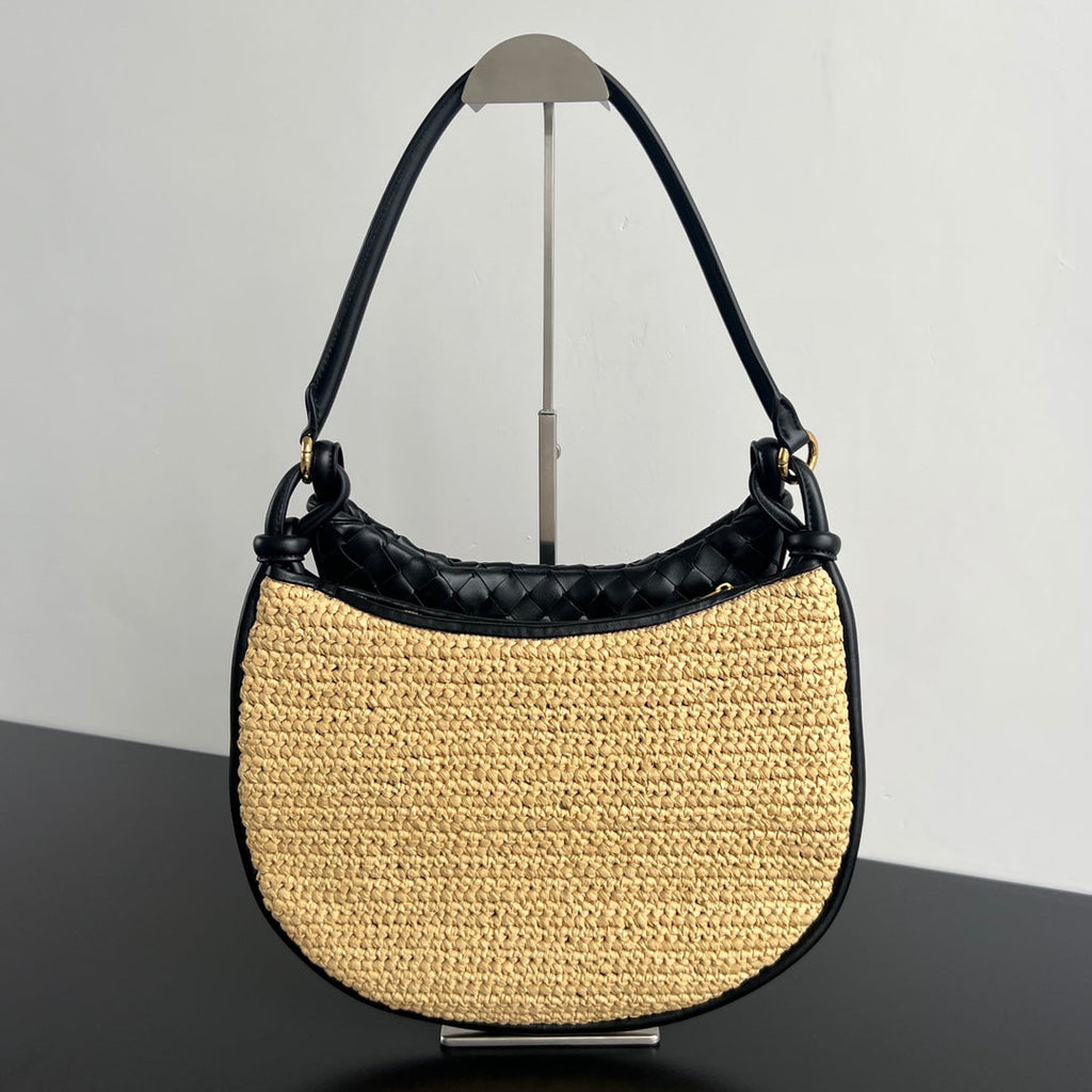 BOTTEGA VENETA GEMELLI SHOULDER BAG 36 IN BEIGE RAFFIA AND BLACK LAMBSKIN