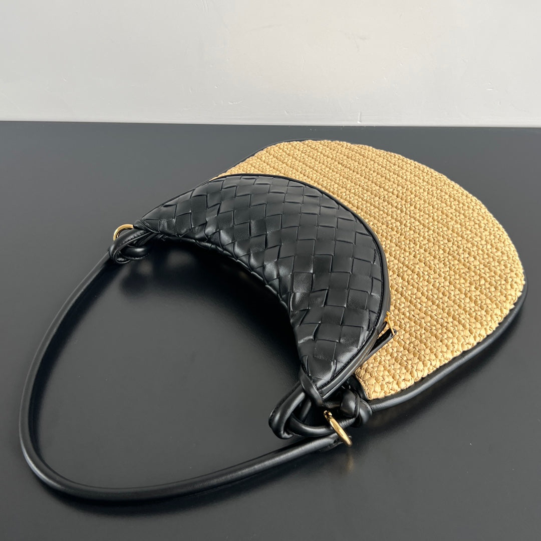 BOTTEGA VENETA GEMELLI SHOULDER BAG 36 IN BEIGE RAFFIA AND BLACK LAMBSKIN