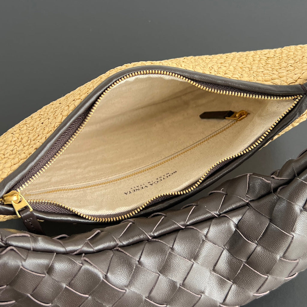 BOTTEGA VENETA GEMELLI SHOULDER BAG 36 IN BEIGE RAFFIA AND FONDANT LAMBSKIN