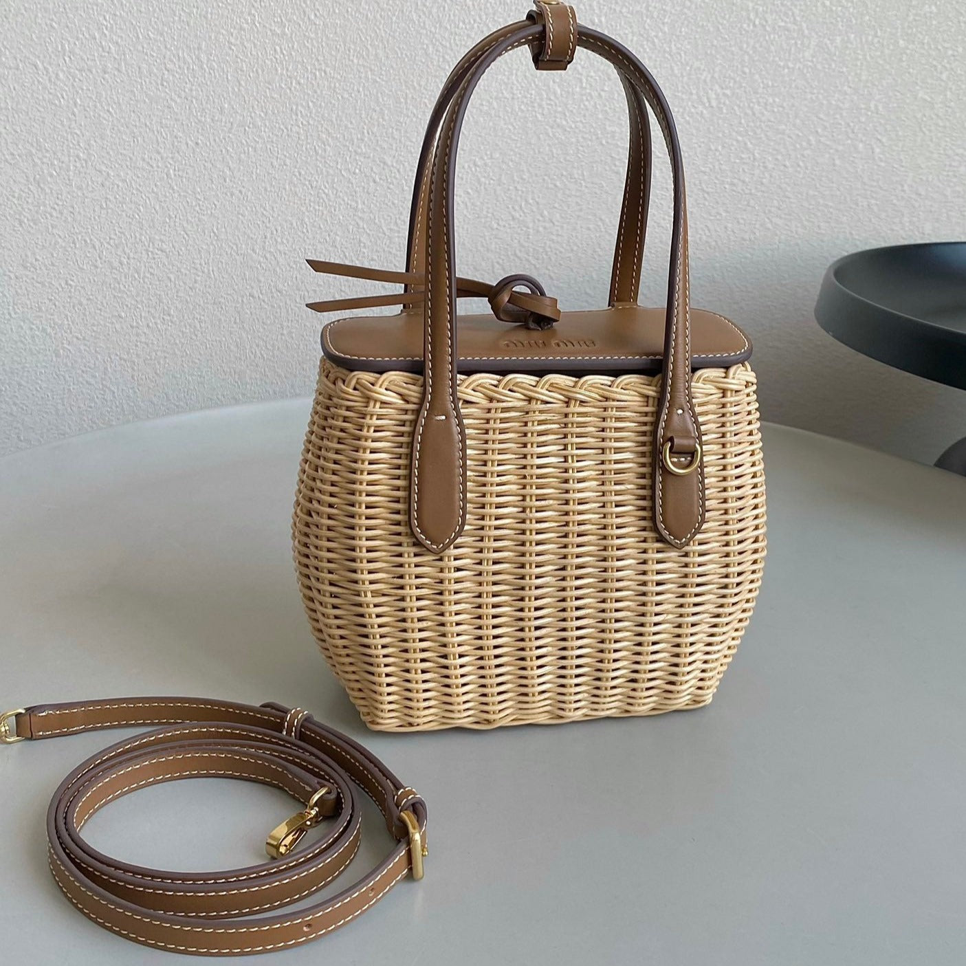 MIU MIU BASKET 20 BAG IN BROWN BEIGE WICKER AND LEATHER