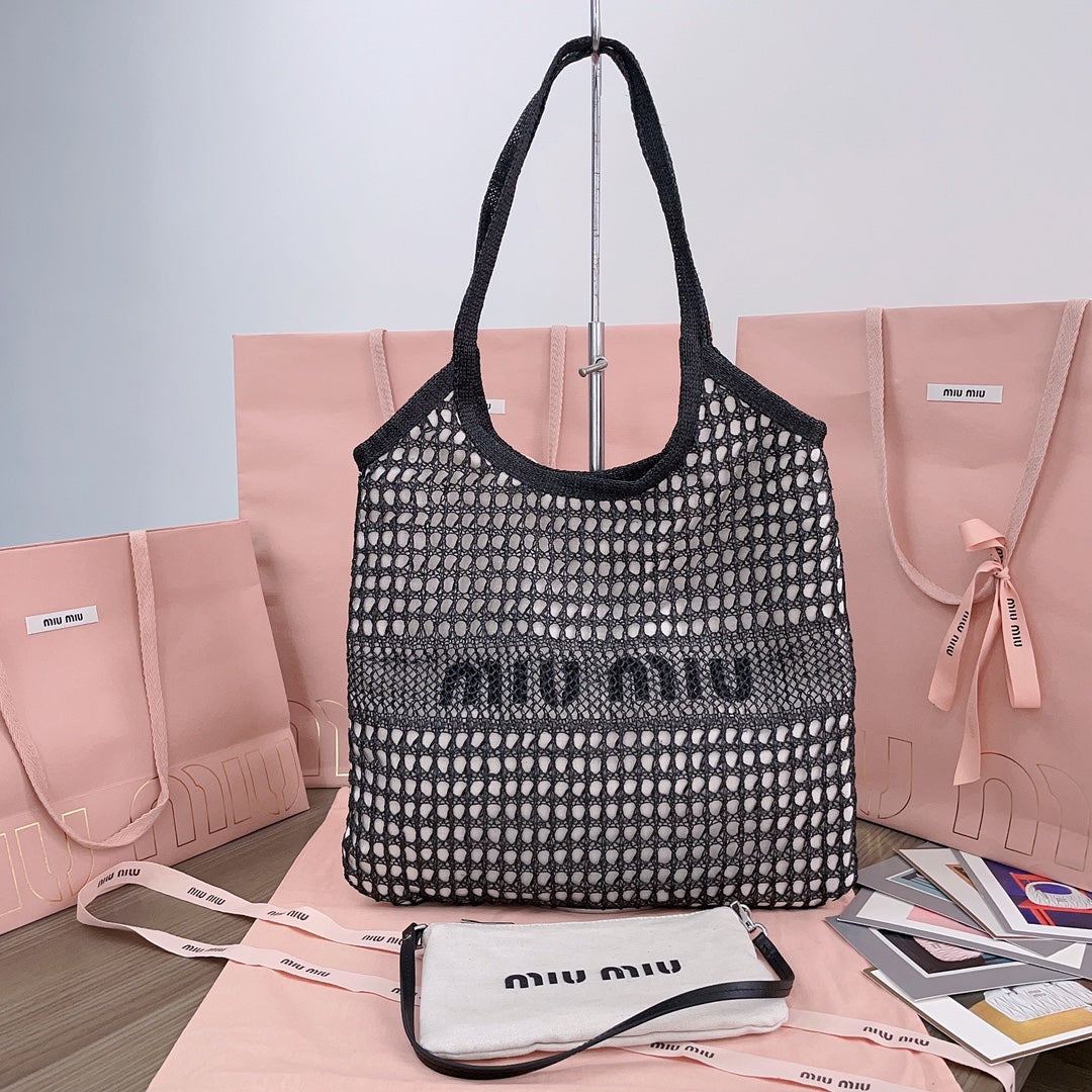 MIU MIU IVY TOTE BAG 40 IN BLACK MIX WHITE MESH