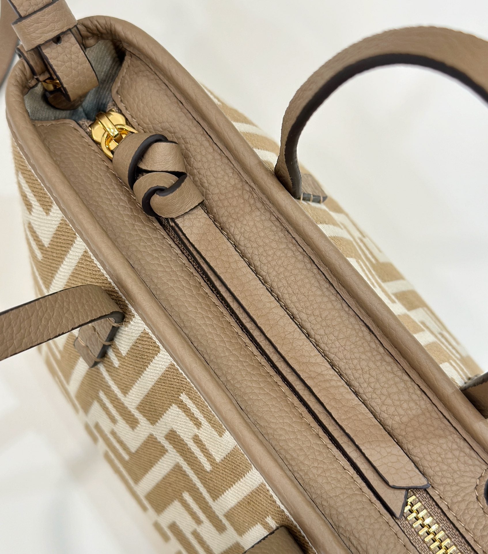 FENDI MINI ROLL BAG 15 PEANUT BROWN MIX WHITE FF JACQUARD FABRIC