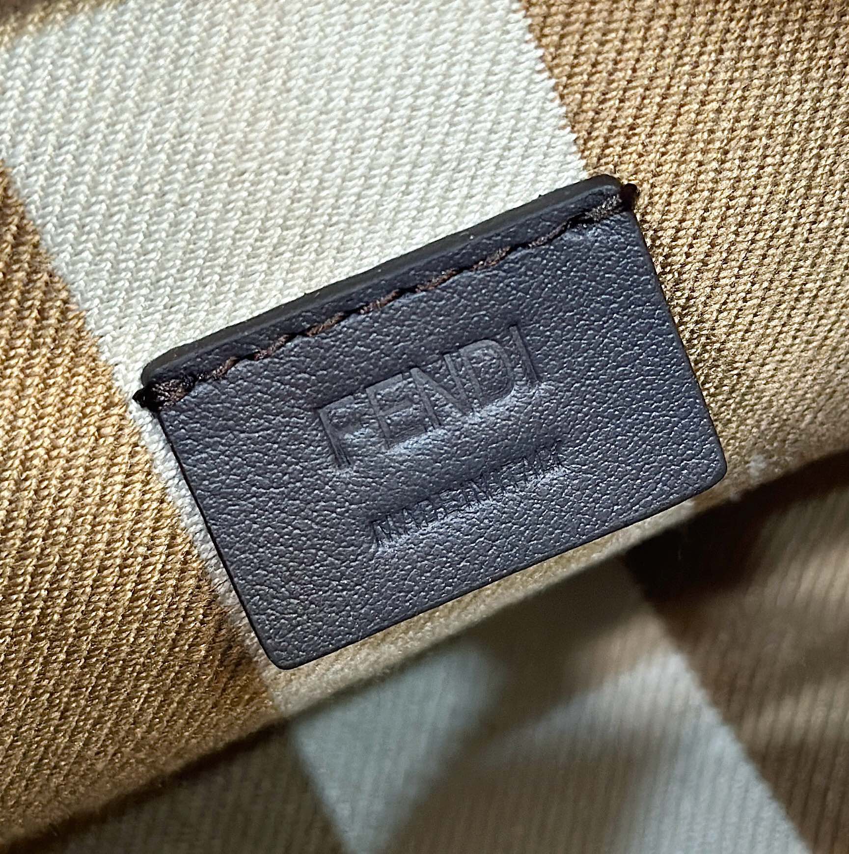 FENDI MINI ROLL BAG 15 PEANUT BROWN MIX WHITE FF JACQUARD FABRIC
