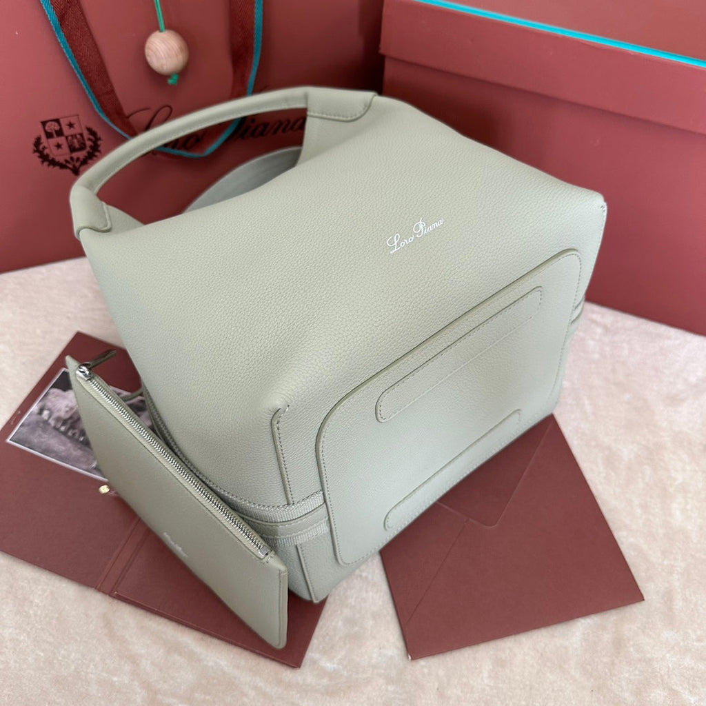 LORO PIANA LARGE 36 BALE BAG IN PEARL GRAY GRAINED CALFSKIN