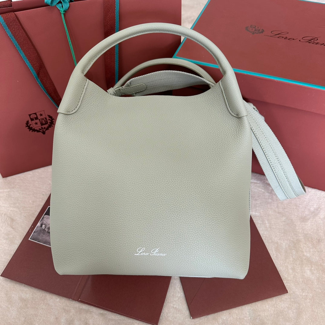 LORO PIANA LARGE 36 BALE BAG IN PEARL GRAY GRAINED CALFSKIN