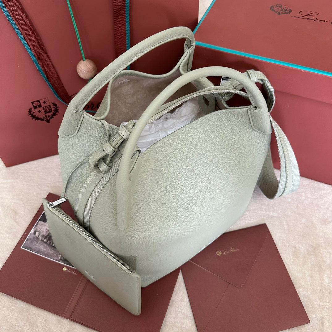 LORO PIANA LARGE 36 BALE BAG IN PEARL GRAY GRAINED CALFSKIN