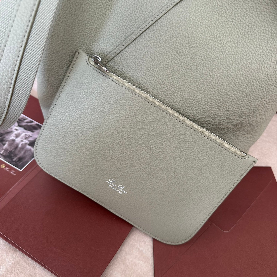 LORO PIANA LARGE 36 BALE BAG IN PEARL GRAY GRAINED CALFSKIN