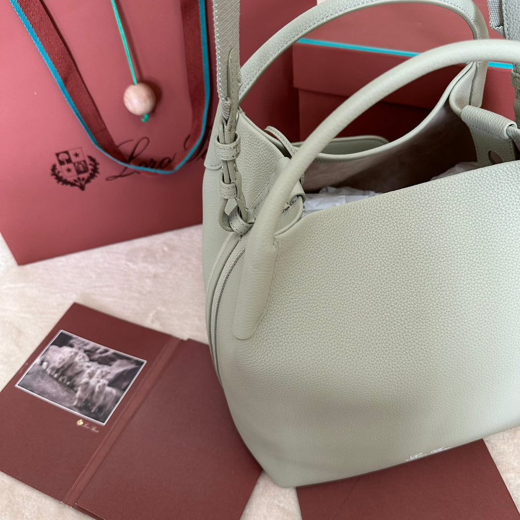 LORO PIANA LARGE 36 BALE BAG IN PEARL GRAY GRAINED CALFSKIN