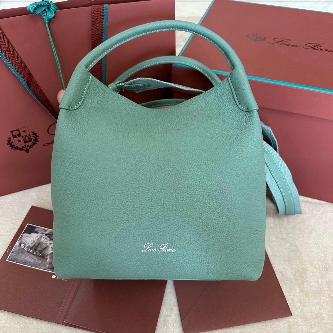 LORO PIANA MEDIUM 36 BAG IN PERSIAN GREEN CALFSKIN WITH SILVER HARDWARE